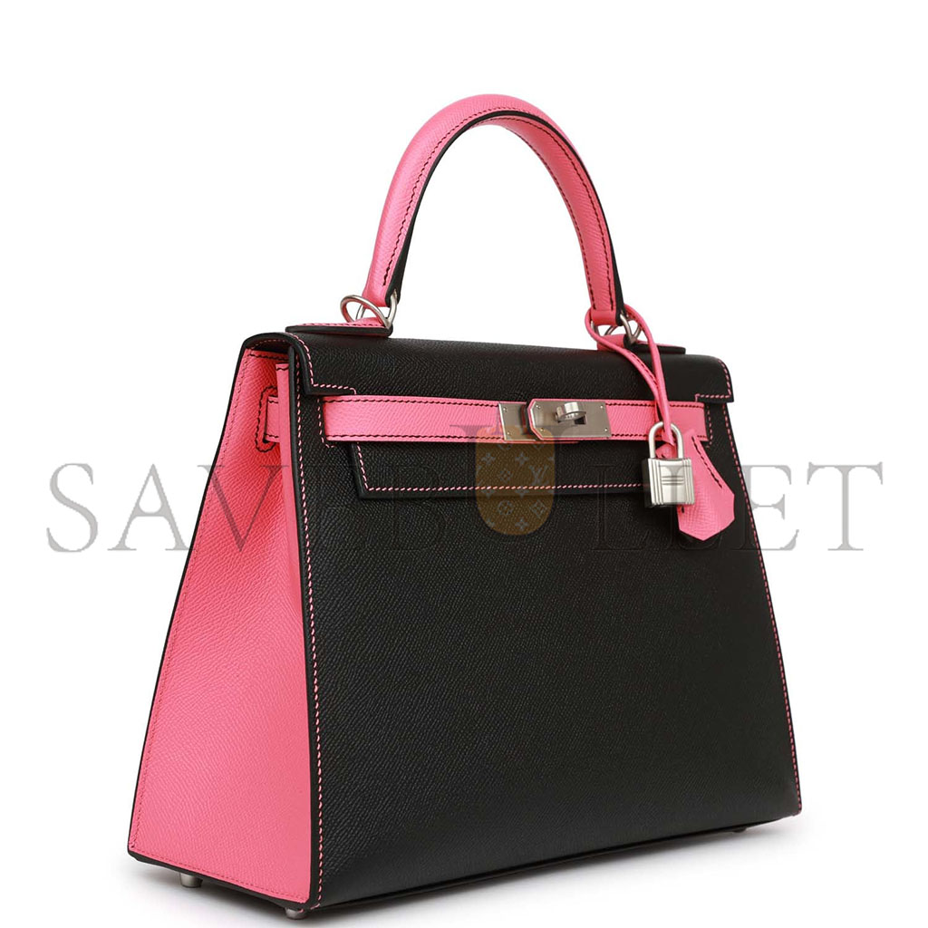 HERMÈS MASTER KELLY 25 BLACK AND ROSE AZALEE EPSOM HARDWARE (25*17*7cm) 